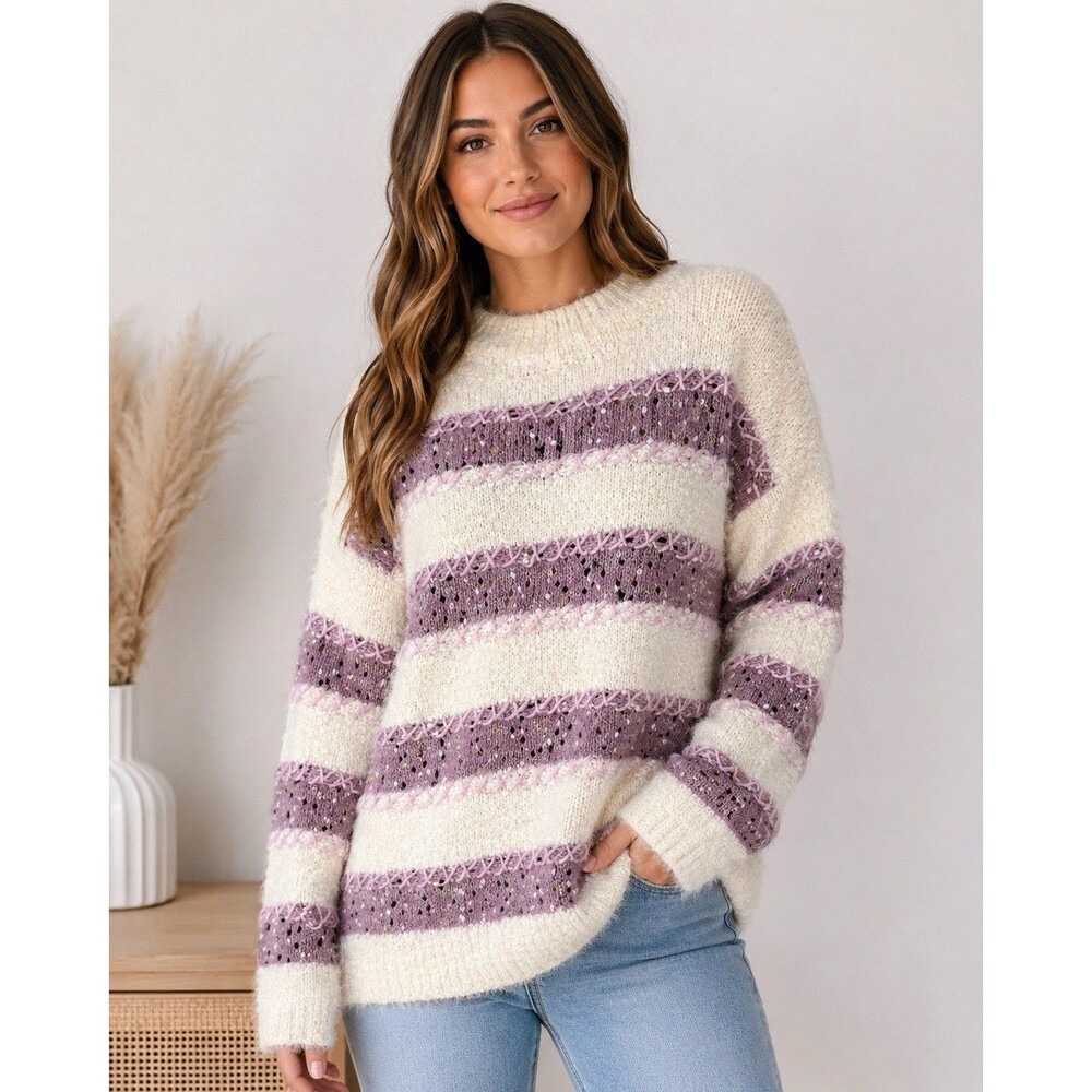 Absolutely Creative Worldwide Women's Fuzzy Striped Sweater L Cream Mauve Knit